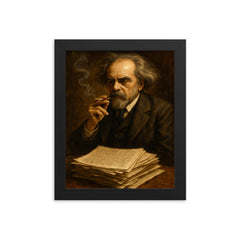 Nikolai Berdyaev smoking beside manuscript pages framed print on a plain backdrop in size 8"x10".