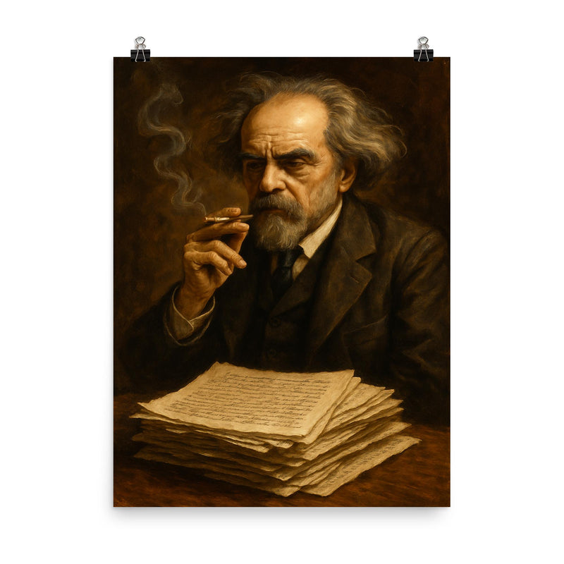 Nikolai Berdyaev smoking beside manuscript pages poster on a plain backdrop in size 8