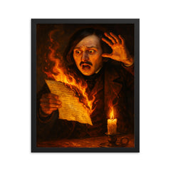 Nikolai Gogol burning manuscript in candle panic framed print on a plain backdrop in size 16"x20".