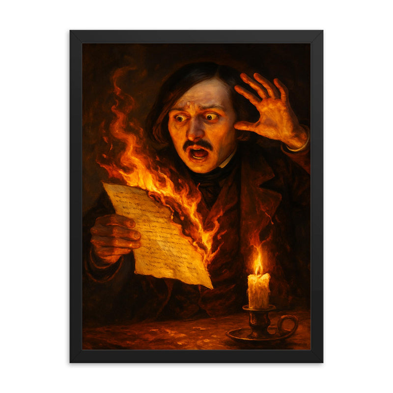 Nikolai Gogol burning manuscript in candle panic framed print on a plain backdrop in size 18