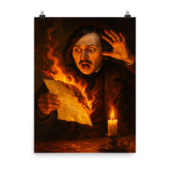 Nikolai Gogol burning manuscript in candle panic poster on a plain backdrop in size 8"x10".