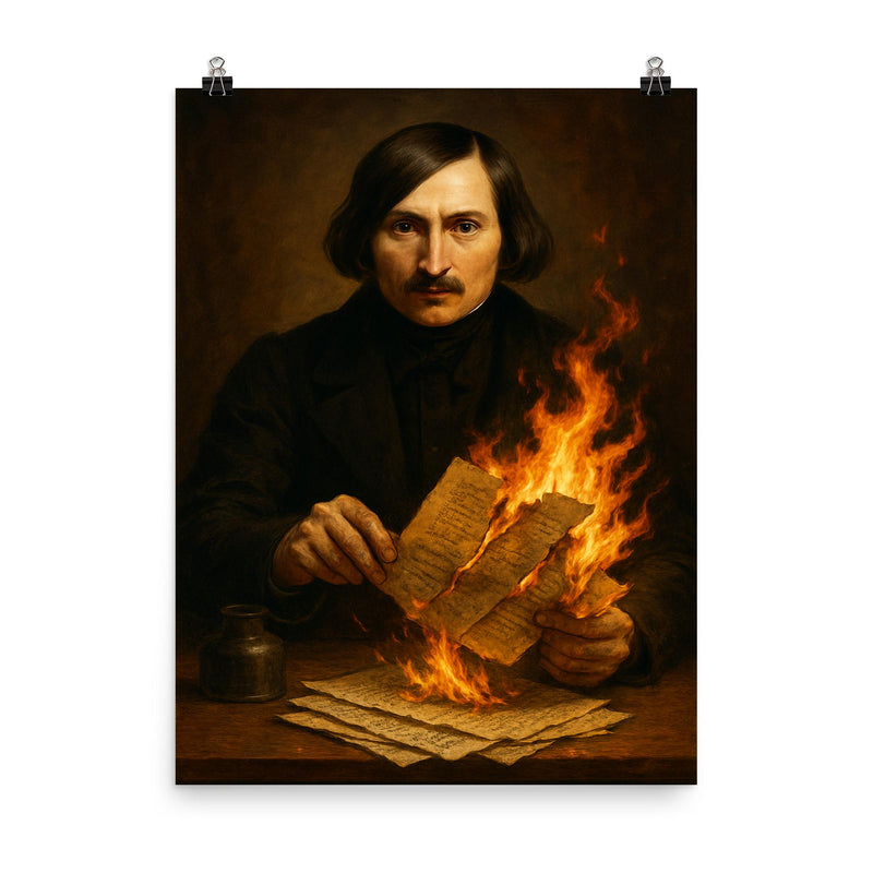 Nikolai Gogol burning manuscript pages poster on a plain backdrop in size 8