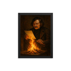 Nikolai Gogol burning manuscript scene framed print on a plain backdrop in size 12"x16".