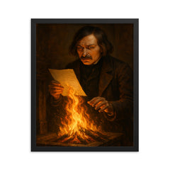 Nikolai Gogol burning manuscript scene framed print on a plain backdrop in size 16"x20".
