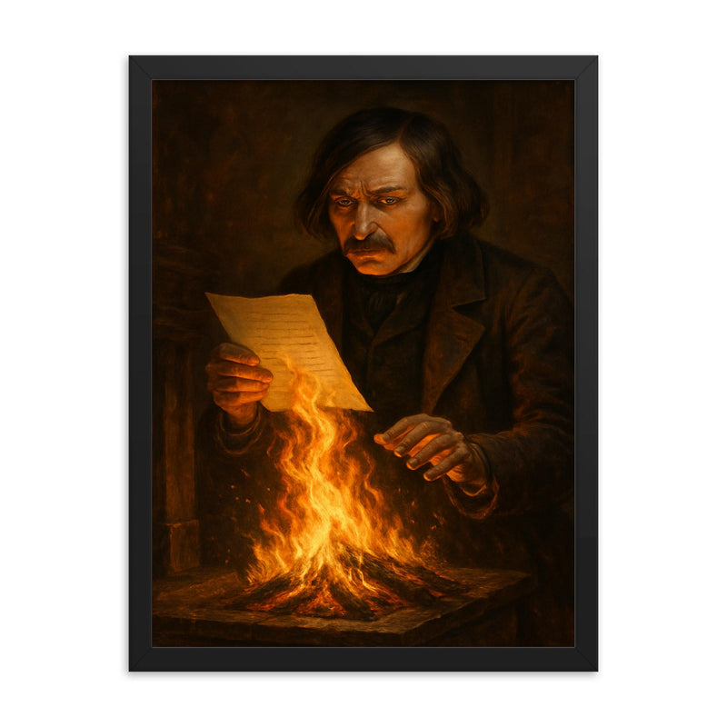 Nikolai Gogol burning manuscript scene framed print on a plain backdrop in size 18