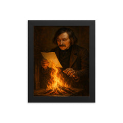 Nikolai Gogol burning manuscript scene framed print on a plain backdrop in size 8"x10".
