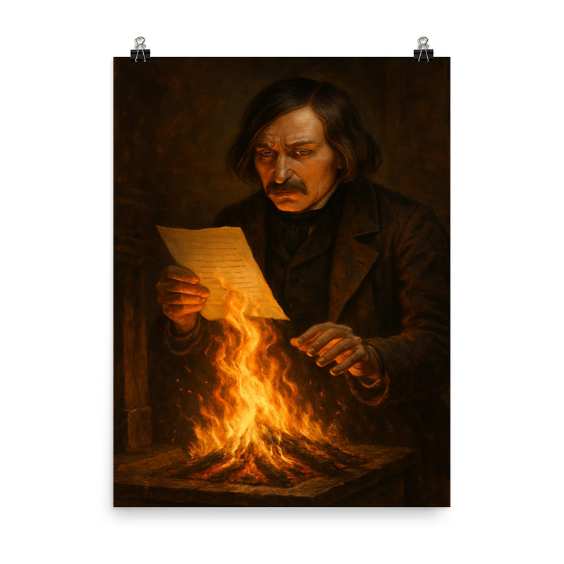 Nikolai Gogol burning manuscript scene poster on a plain backdrop in size 8