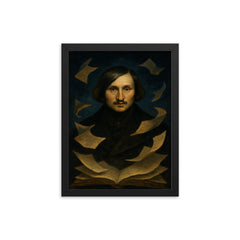 Nikolai Gogol nocturnal portrait with fluttering manuscript pages framed print on a plain backdrop in size 12"x16".