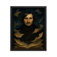 Nikolai Gogol nocturnal portrait with fluttering manuscript pages framed print on a plain backdrop in size 16"x20".