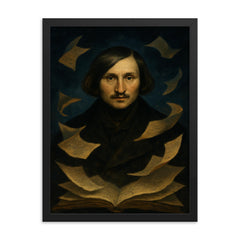 Nikolai Gogol nocturnal portrait with fluttering manuscript pages framed print on a plain backdrop in size 18"x24".