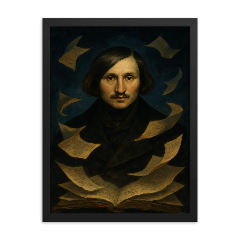 Nikolai Gogol nocturnal portrait with fluttering manuscript pages framed print on a plain backdrop in size 18