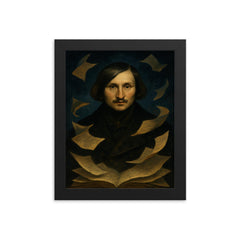 Nikolai Gogol nocturnal portrait with fluttering manuscript pages framed print on a plain backdrop in size 8"x10".