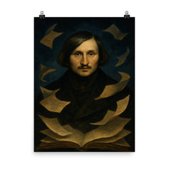Nikolai Gogol nocturnal portrait with fluttering manuscript pages poster on a plain backdrop in size 8"x10".