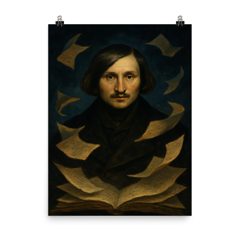 Nikolai Gogol nocturnal portrait with fluttering manuscript pages poster on a plain backdrop in size 8