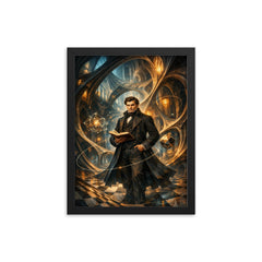 Nikolai Lobachevsky in warped geometric cathedral hall framed print on a plain backdrop in size 12"x16".