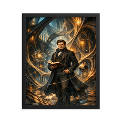 Nikolai Lobachevsky in warped geometric cathedral hall framed print on a plain backdrop in size 16"x20".