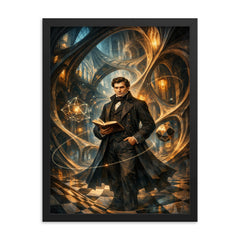 Nikolai Lobachevsky in warped geometric cathedral hall framed print on a plain backdrop in size 18"x24".