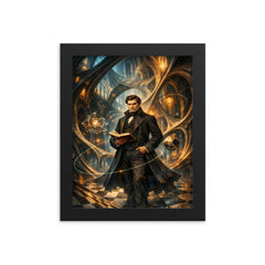 Nikolai Lobachevsky in warped geometric cathedral hall framed print on a plain backdrop in size 8"x10".