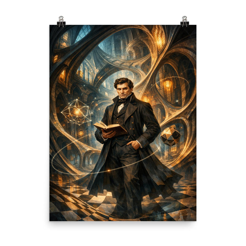 Nikolai Lobachevsky in warped geometric cathedral hall poster on a plain backdrop in size 8
