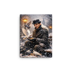 Nikolai Tesla feeding pigeons in winter canvas print on a plain backdrop in size 12"x16".