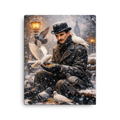 Nikolai Tesla feeding pigeons in winter canvas print on a plain backdrop in size 16"x20".