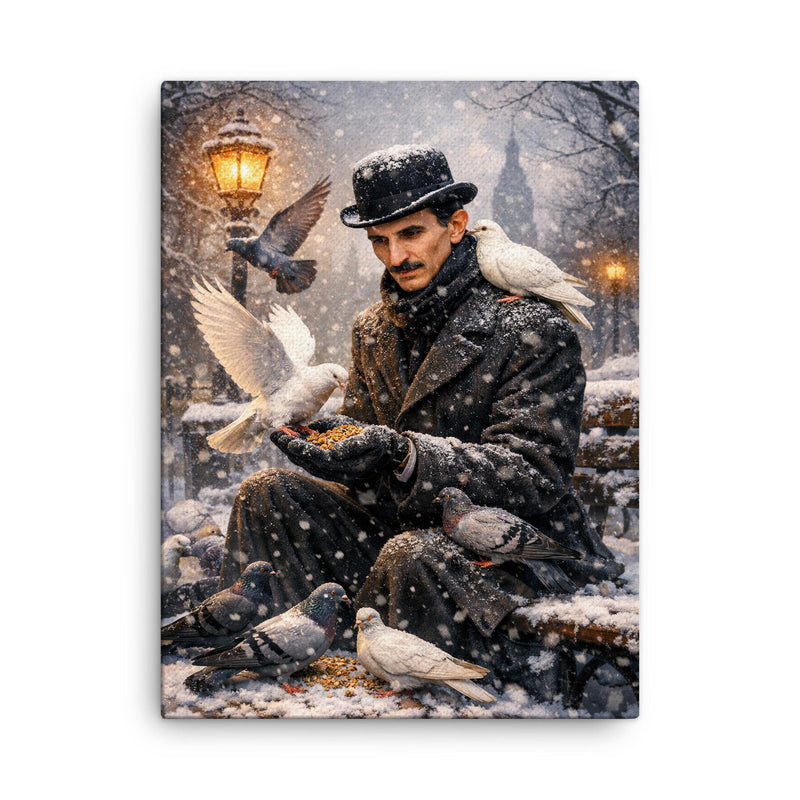 Nikolai Tesla feeding pigeons in winter canvas print on a plain backdrop in size 18