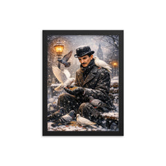 Nikolai Tesla feeding pigeons in winter framed print on a plain backdrop in size 12"x16".
