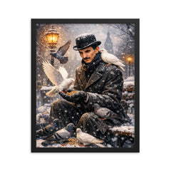 Nikolai Tesla feeding pigeons in winter framed print on a plain backdrop in size 16"x20".
