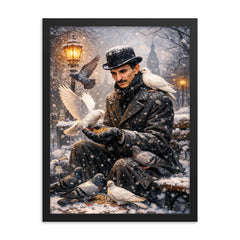 Nikolai Tesla feeding pigeons in winter framed print on a plain backdrop in size 18"x24".
