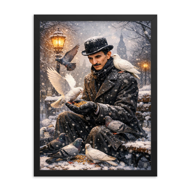 Nikolai Tesla feeding pigeons in winter framed print on a plain backdrop in size 18