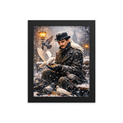 Nikolai Tesla feeding pigeons in winter framed print on a plain backdrop in size 8"x10".