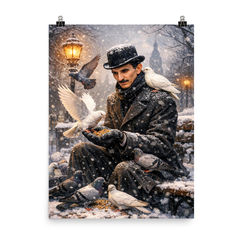 Nikolai Tesla feeding pigeons in winter poster on a plain backdrop in size 8