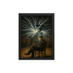 Nikolai Tesla in Colorado Springs lightning chamber framed print on a plain backdrop in size 12"x16".