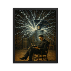 Nikolai Tesla in Colorado Springs lightning chamber framed print on a plain backdrop in size 16"x20".