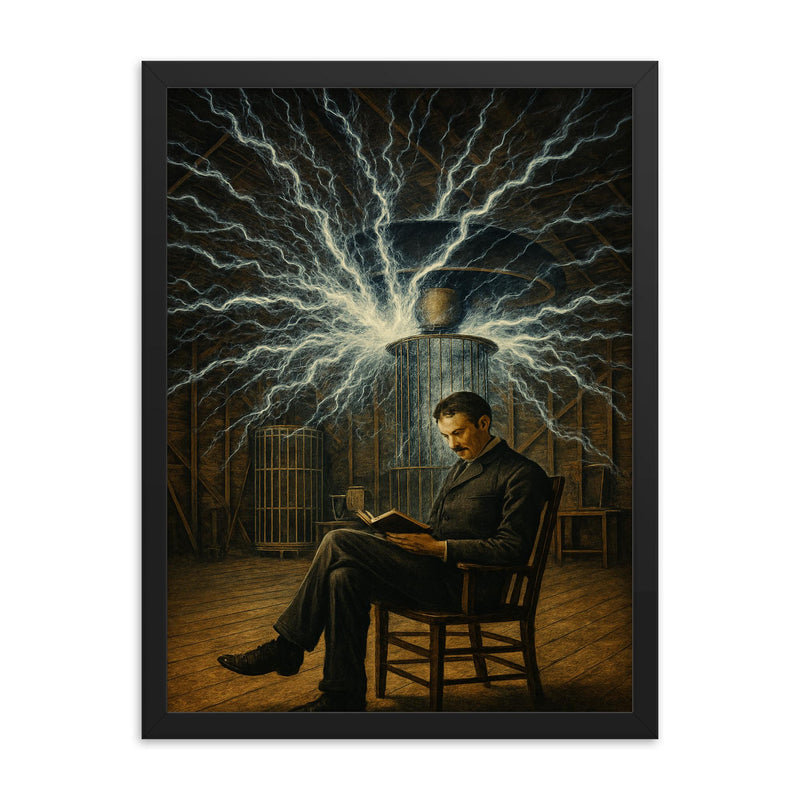 Nikolai Tesla in Colorado Springs lightning chamber framed print on a plain backdrop in size 18