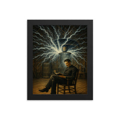 Nikolai Tesla in Colorado Springs lightning chamber framed print on a plain backdrop in size 8"x10".