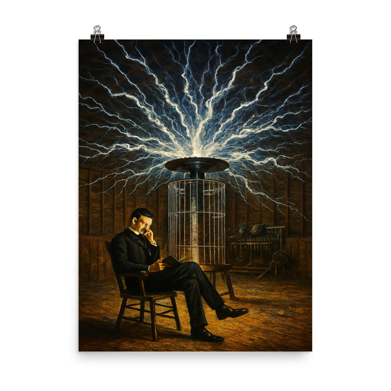 Nikolai Tesla in Colorado Springs lightning chamber poster on a plain backdrop in size 8