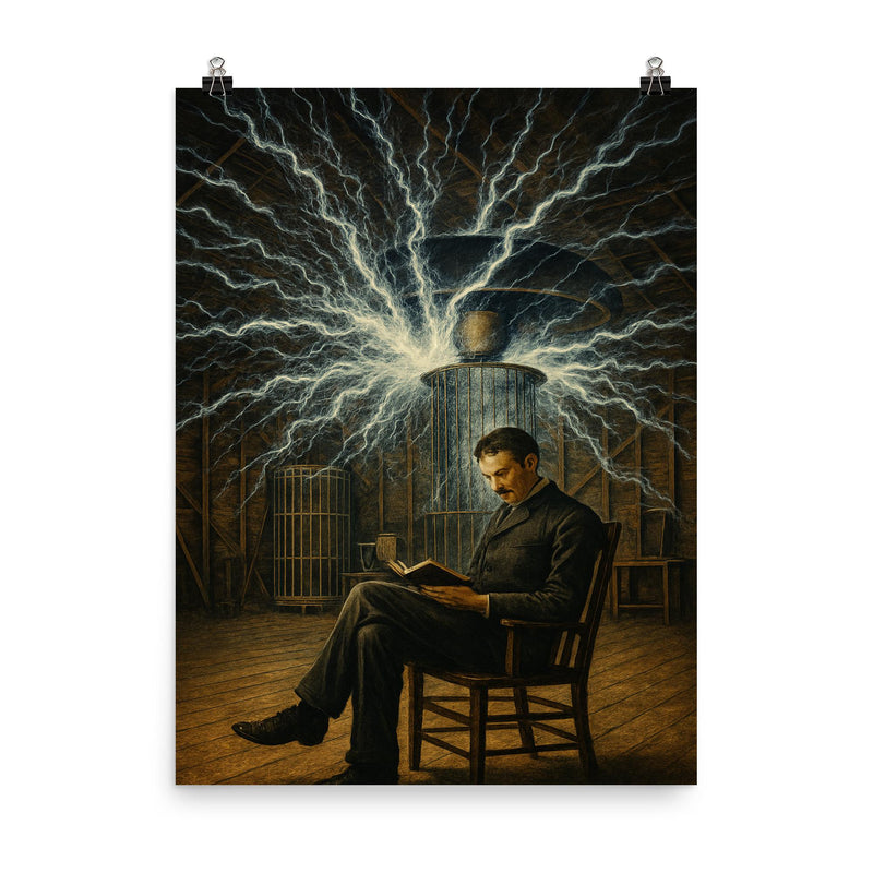 Nikolai Tesla in Colorado Springs lightning chamber poster on a plain backdrop in size 8