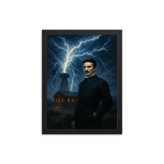 Nikolai Tesla in Colorado Springs lightning storm framed print on a plain backdrop in size 12"x16".