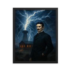 Nikolai Tesla in Colorado Springs lightning storm framed print on a plain backdrop in size 16"x20".