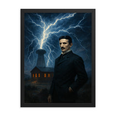 Nikolai Tesla in Colorado Springs lightning storm framed print on a plain backdrop in size 18"x24".