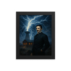 Nikolai Tesla in Colorado Springs lightning storm framed print on a plain backdrop in size 8"x10".