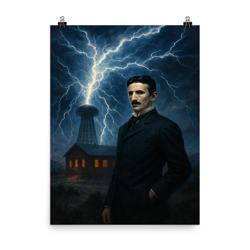 Nikolai Tesla in Colorado Springs lightning storm poster on a plain backdrop in size 8