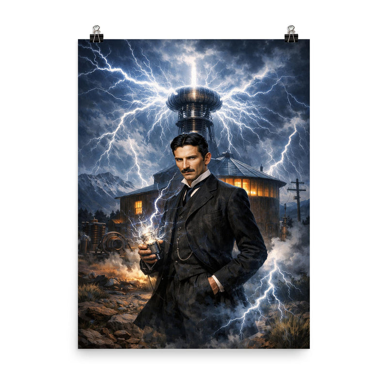 Nikolai Tesla in Colorado Springs lightning storm poster on a plain backdrop in size 8