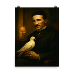 Nikolai Tesla pigeon companion in dim hotel room poster on a plain backdrop in size 8"x10".