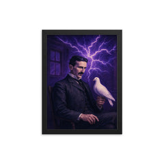 Nikolai Tesla pigeon room with violet electric aura framed print on a plain backdrop in size 12"x16".