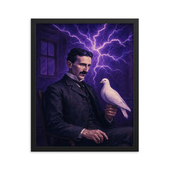 Nikolai Tesla pigeon room with violet electric aura framed print on a plain backdrop in size 16"x20".