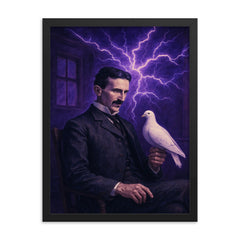 Nikolai Tesla pigeon room with violet electric aura framed print on a plain backdrop in size 18"x24".