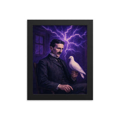 Nikolai Tesla pigeon room with violet electric aura framed print on a plain backdrop in size 8"x10".