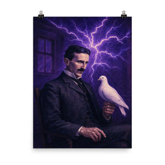 Nikolai Tesla pigeon room with violet electric aura poster on a plain backdrop in size 8"x10".